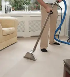 Professional carpet cleaner using a hot-water extraction wand and hose machine in a living room in Savannah, GA.